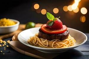 a plate with spaghetti and meat on top. AI-Generated photo