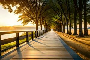 a long wooden walkway with trees and the sun setting. AI-Generated photo