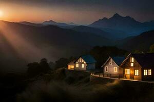 dos casas en un ladera a puesta de sol. generado por ai foto