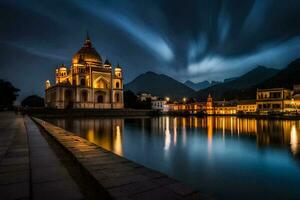 el noche cielo terminado el lago a noche. generado por ai foto