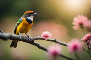 a bird sits on a branch with pink flowers. AI-Generated photo