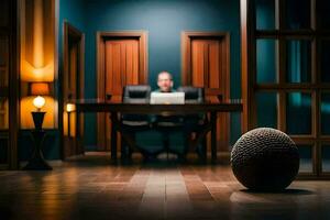 a man sitting at a desk in an office with a ball on the floor. AI-Generated photo