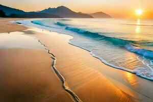 the sun is setting over a beach with waves. AI-Generated photo