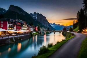 un río carreras mediante un pueblo a puesta de sol. generado por ai foto