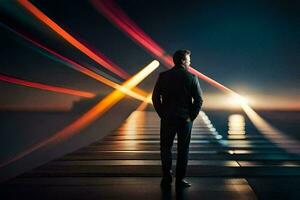 a man in a suit stands on a bridge at night. AI-Generated photo