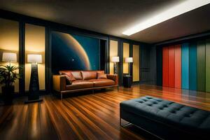 a living room with a couch, a lamp and a wall with a colorful painting. AI-Generated photo