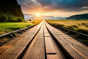 a wooden bridge leads to the sun. AI-Generated photo