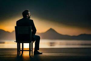 un hombre sentado en un silla a puesta de sol. generado por ai foto