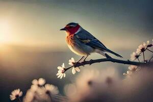 a bird sits on a branch with flowers in the background. AI-Generated photo