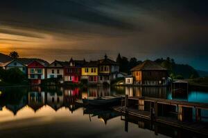 a boat is docked at the end of a dock at sunset. AI-Generated photo