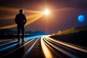 a man standing on a train track at night. AI-Generated photo