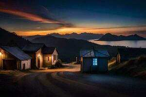 a small village at sunset with mountains in the background. AI-Generated photo