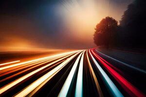a long exposure photograph of a car driving on a road. AI-Generated photo