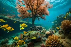 un submarino escena con muchos pescado y coral. generado por ai foto