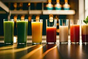 a row of different colored juices in glasses. AI-Generated photo