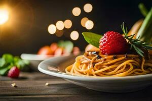 espaguetis con fresas y albahaca en un lámina. generado por ai foto