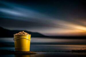 un Cubeta de arena en el playa a noche. generado por ai foto