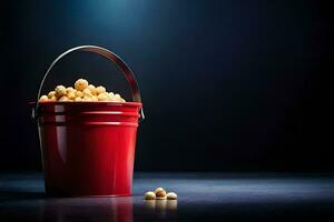 a red bucket filled with peanuts on a dark background. AI-Generated photo