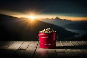 a bucket of gold coins on a wooden table in front of a sunset. AI-Generated photo