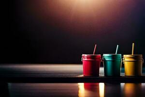 three colorful cups on a table with a light behind them. AI-Generated photo