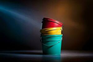 three colorful buckets on a dark background. AI-Generated photo