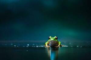 a frog sitting on the water surface in the dark. AI-Generated photo