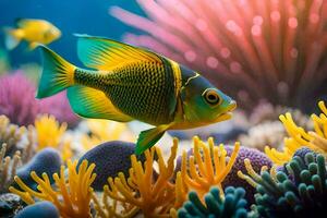 un pescado nadando en un submarino arrecife con vistoso coral. generado por ai foto