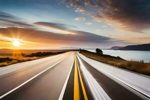 a long exposure photograph of a road at sunset. AI-Generated photo