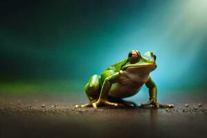 a frog is sitting on the ground with a bright light behind it. AI-Generated photo