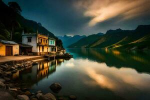 a house sits on the shore of a lake. AI-Generated photo