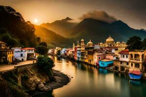 photo wallpaper the sky, mountains, river, buildings, sunset, india, the sun,. AI-Generated