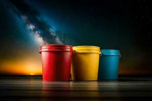 three colorful buckets sit on a wooden floor with a night sky in the background. AI-Generated photo