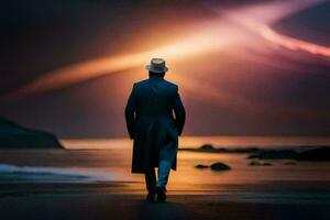 a man in a hat walks along the beach at sunset. AI-Generated photo