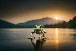 a frog standing on the edge of a lake at sunset. AI-Generated photo