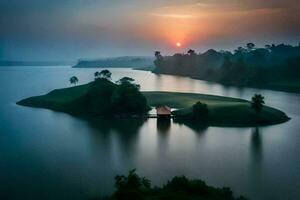 a small island in the middle of a lake with a house in the distance. AI-Generated photo