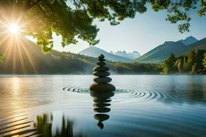 a stack of stones in the water with mountains in the background. AI-Generated photo