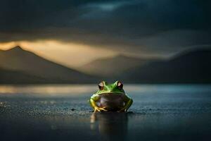 a frog sitting on the ground in front of a lake. AI-Generated photo