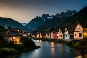 colorful houses line the banks of a river at dusk. AI-Generated photo