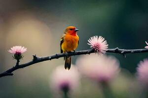 un pájaro se sienta en un rama con rosado flores generado por ai foto