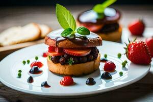 a plate with two small sandwiches and strawberries. AI-Generated photo
