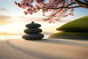 a stone stack sits on the sand near a tree. AI-Generated photo