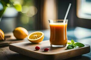 un vaso de naranja jugo con un Paja en un de madera bandeja. generado por ai foto