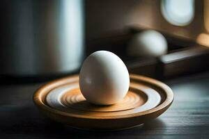 an egg on a wooden plate. AI-Generated photo