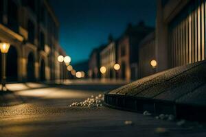 a street at night with lights on the ground. AI-Generated photo