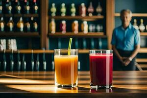 two glasses of juice on a wooden table. AI-Generated photo