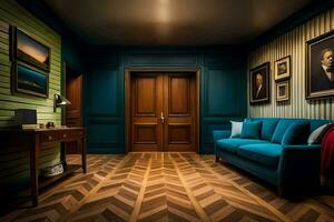 the room is dark and has a blue couch and a wooden floor. AI-Generated photo