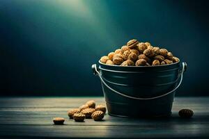 nuts in a bucket on a dark table. AI-Generated photo