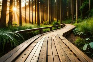 wooden path in the forest at sunrise. AI-Generated photo