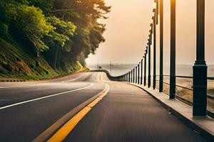 un largo la carretera con un puente y arboles en el antecedentes. generado por ai foto