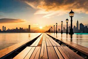 a wooden pier leads to the water with a city skyline in the background. AI-Generated photo